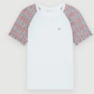 Maje red & blue tweed & fringe sleeve t-shirt